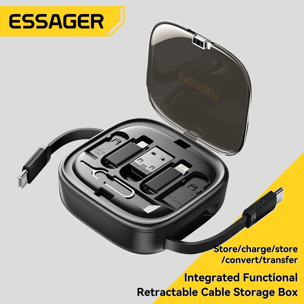 Essager 고속 충전 USB A/C 타입에서 C 타입 마이크로 라이트닝 케이블, 미니 다기능 여행 보관함, 전화 홀더 핀 세트 포함, 60W