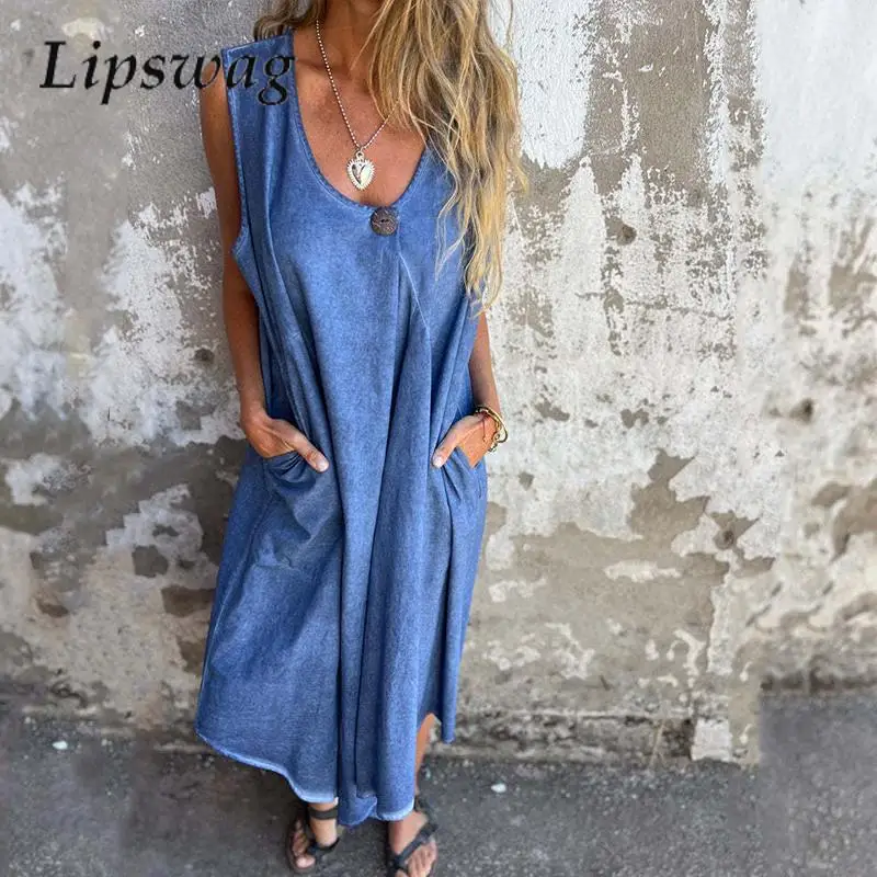 

2024 Casual Pocket O-Neck Office Dress Fashion Solid Color Pullover Vest Dress Summer Women Off-Shoulder High Street Dresses