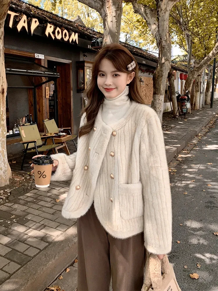Korean Faux Rabbit Fur Cropped Jackets Classics Trend Plush Women's Coat Casual Slim Casacas Winter Warm Elegant Ceketler New