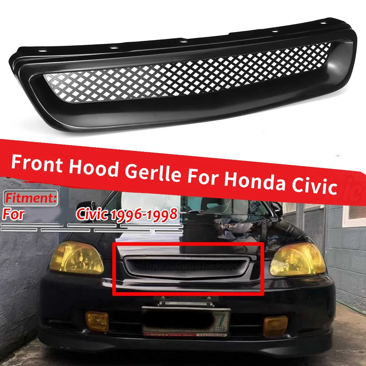 

ABS Black Car Front Bumper Hood Grill Grille Cover Trim for Honda Civic EK CX DX EX HX LX Type R 1996 1997 1998