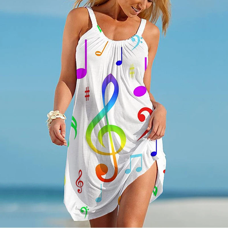 

Musical Note 3D Printing Ladies Strap Dress Summer New Trend Ladies Strap Dress Fashion Casual Loose Ladies Strap Dress