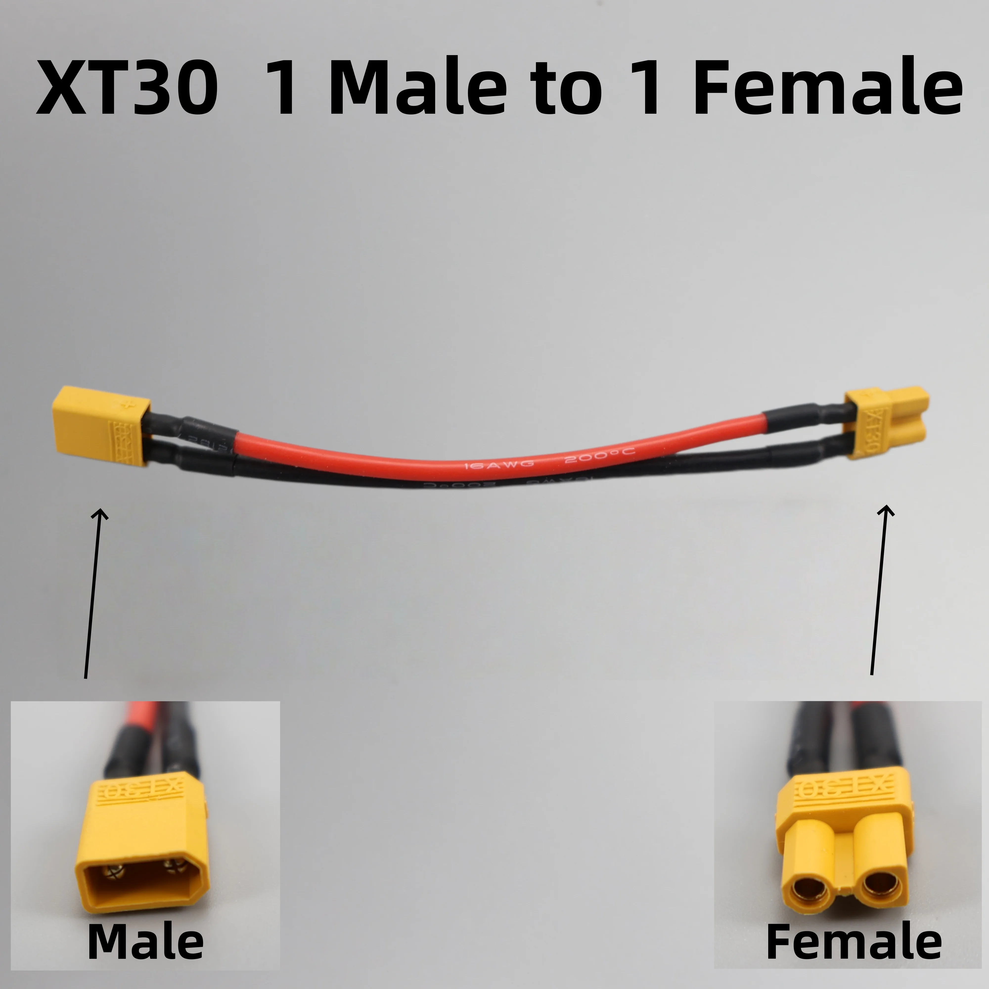 Détail du connecteur mâle XT30 sur le câble adaptateur pour batterie drone RC, soudé aux fils.