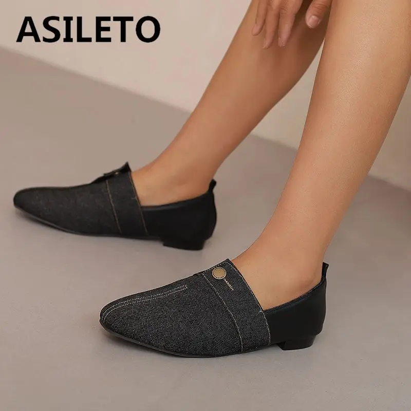 

ASILETO Design Women Flats Denim Mixed Color Round Toe Splice Slip On Soft Daily Leisure Female Shoes Big Size 46 47 48 Spring