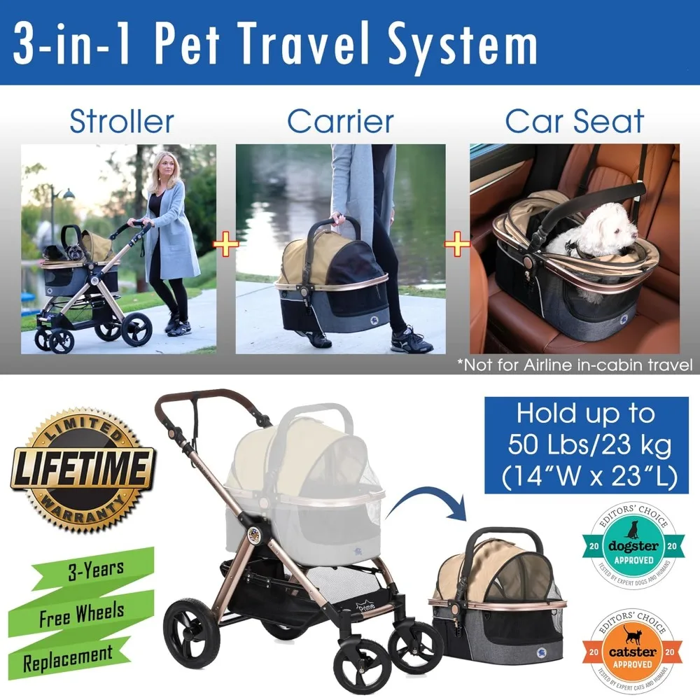 Pet Rover Prime 3-in-1 Luxury Dog/Cat Stroller (Travel Carrier +Car Seat +Stroller) with Detach Carrier/Pump-Free Rubber Tires