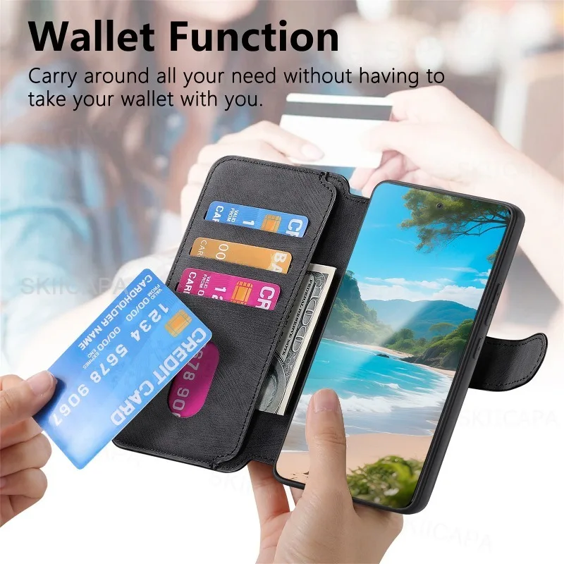 Multifunction Flip Leather Magnetic Wallet Case with Magsafe Removable 2-in-1 Phone Cover