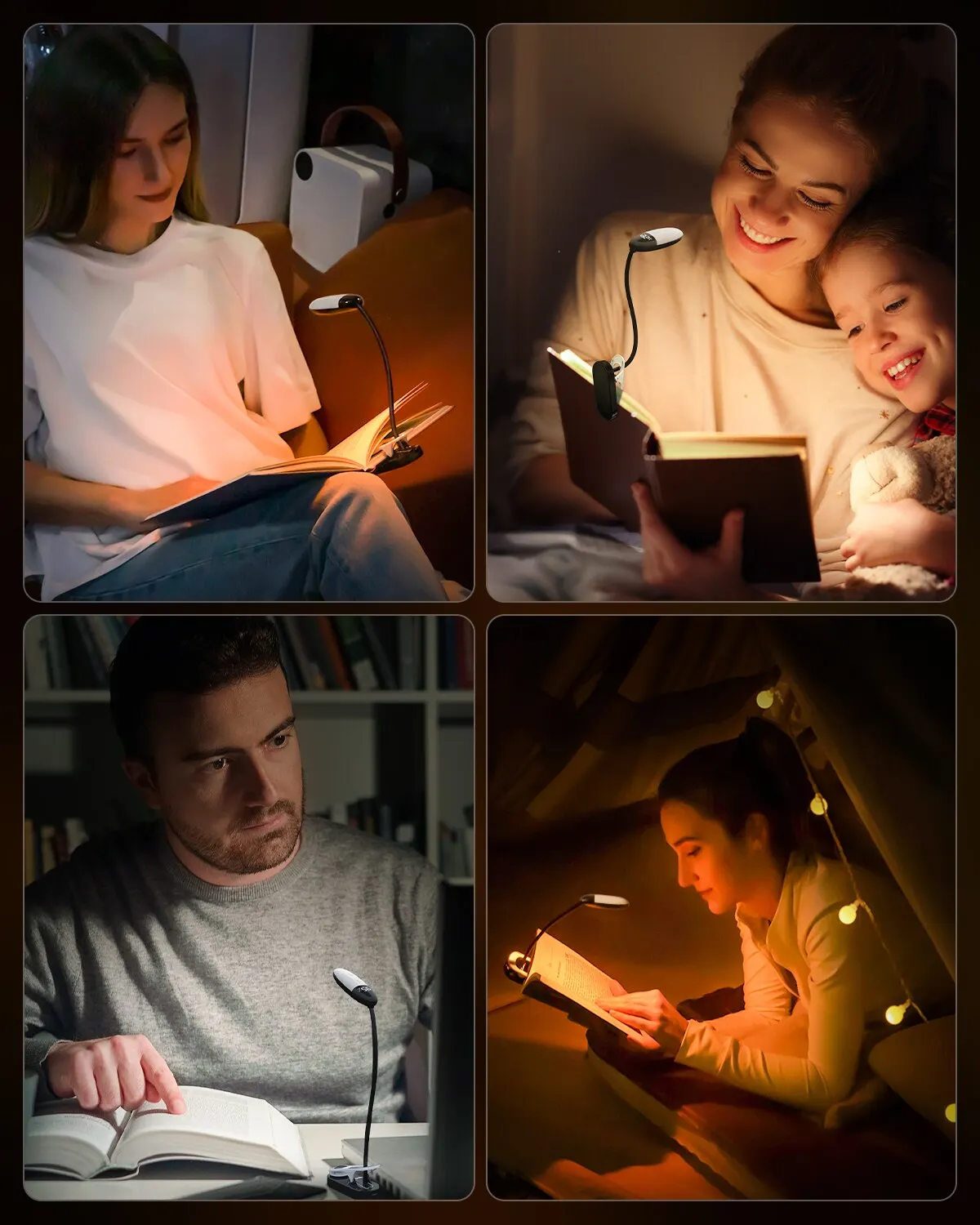 Mini LED Light 3 Colors 5 Brightness Displays Battery Power Rechargeable Mini LED Reading Light Flexible Easy Clip Night Reading Lamp