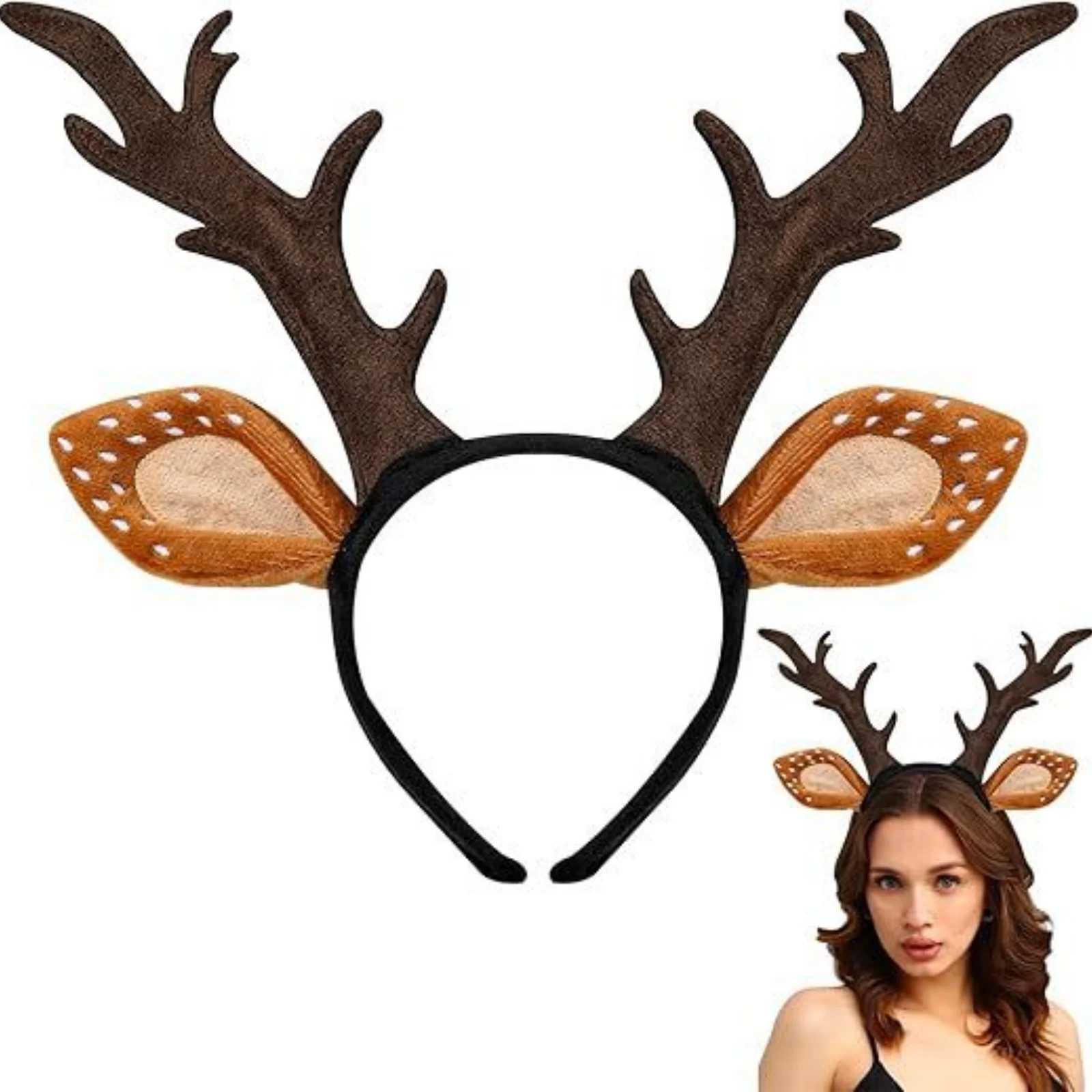 1PC Deer Antlers Headband: Plush Ear & Brown Antler Hair Hoop for Christmas Party, Animal Cosplay, Holiday Dress - Up Accessory