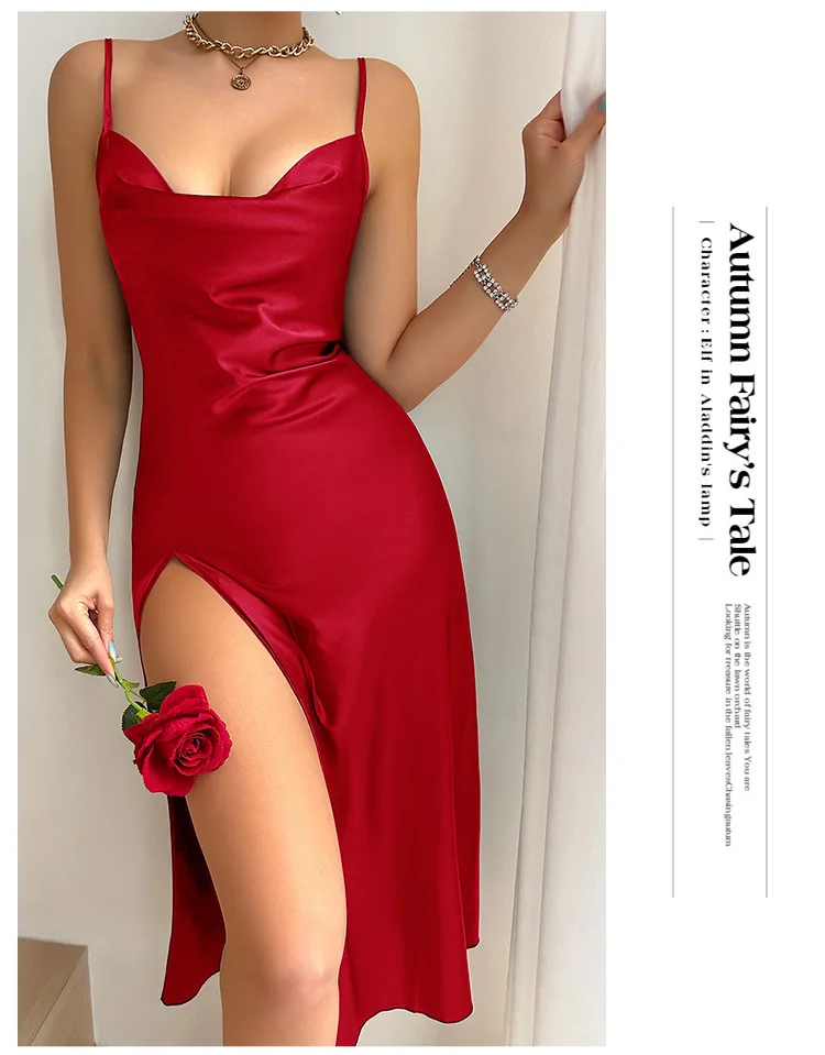 Solid Satin Nightdress Nightgown High Slit Slip Women's Sleepwear Night dress Backless Suspender Sexy Long Nightwear
