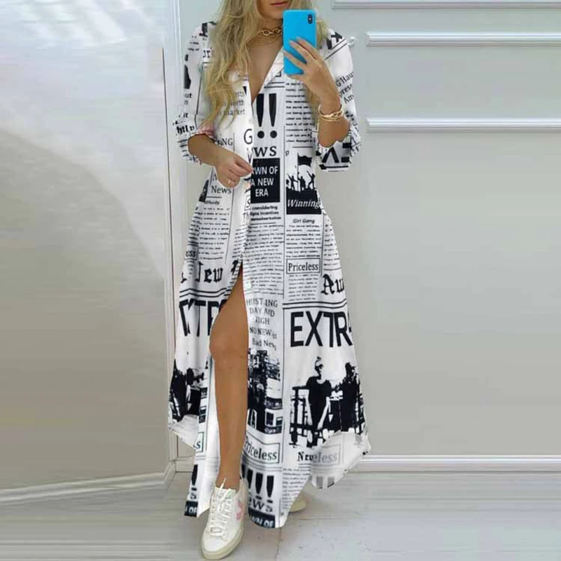 

Женское однобортное платье макси на пуговицах, длинное асимметричное платье в стиле бохо с отложным воротником и принтом газет, лето