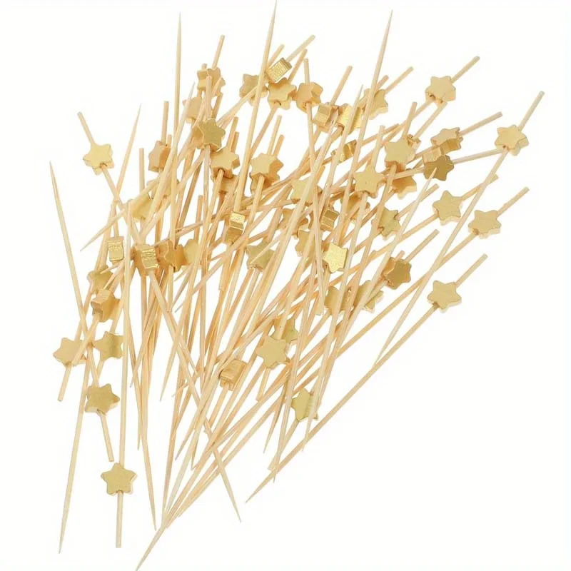 Food Picks Food Toothpicks Bamboo Sticks 100Pcs Gold Stars Disposable Cocktail Picks Handmade Bamboo Skewers Sticks for Drinks Fruit Charcuterie Barbecue Party Favor