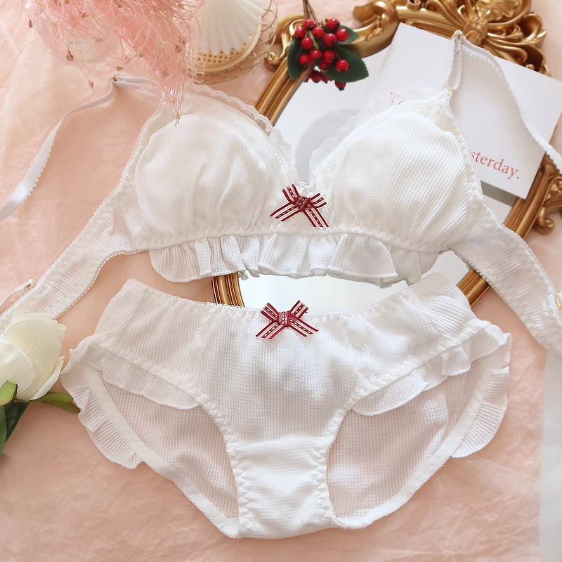 6 نمط الملابس الداخلية اليابانية مجموعة لطيف حمالة صدر وسراويل داخلية مجموعة القطن الشعر الكرة القوس الكشكشة Wirefree Kawaii لوليتا النساء النوم