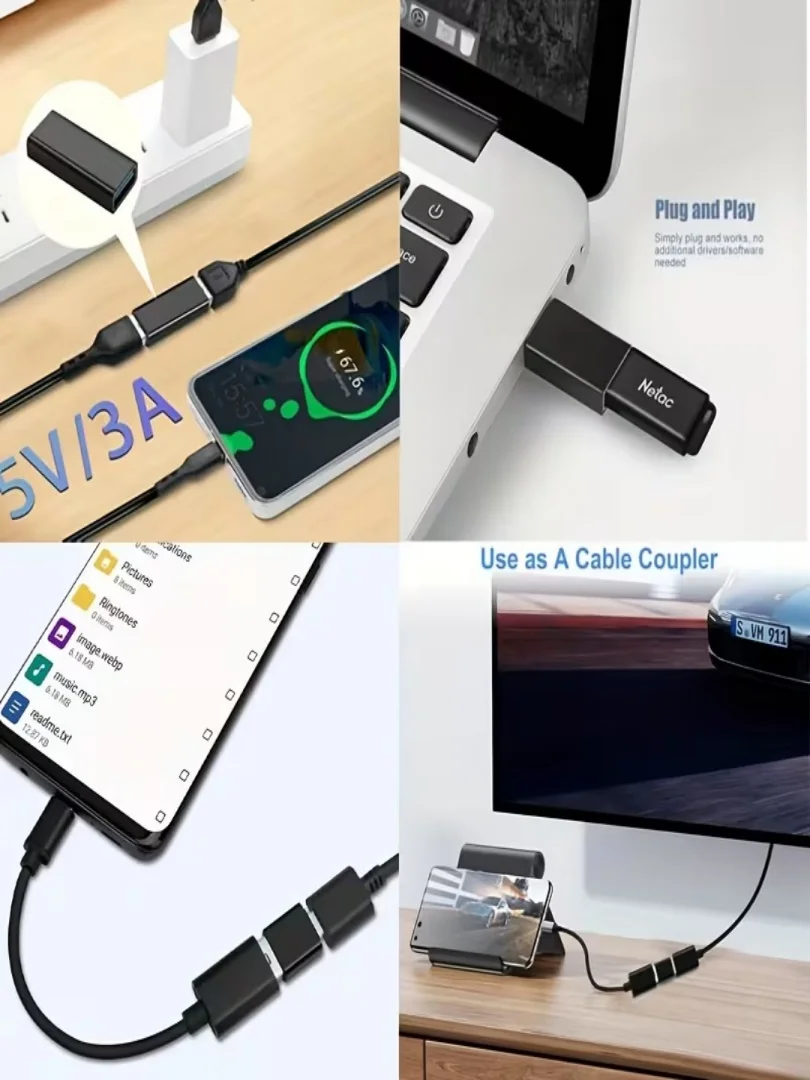 (4개입) 블랙 USB to USB C 어댑터, USB 타입 C 암-USB 어댑터, 마이크로 USB to USB C 암-수 컨버터 커넥터, Su
