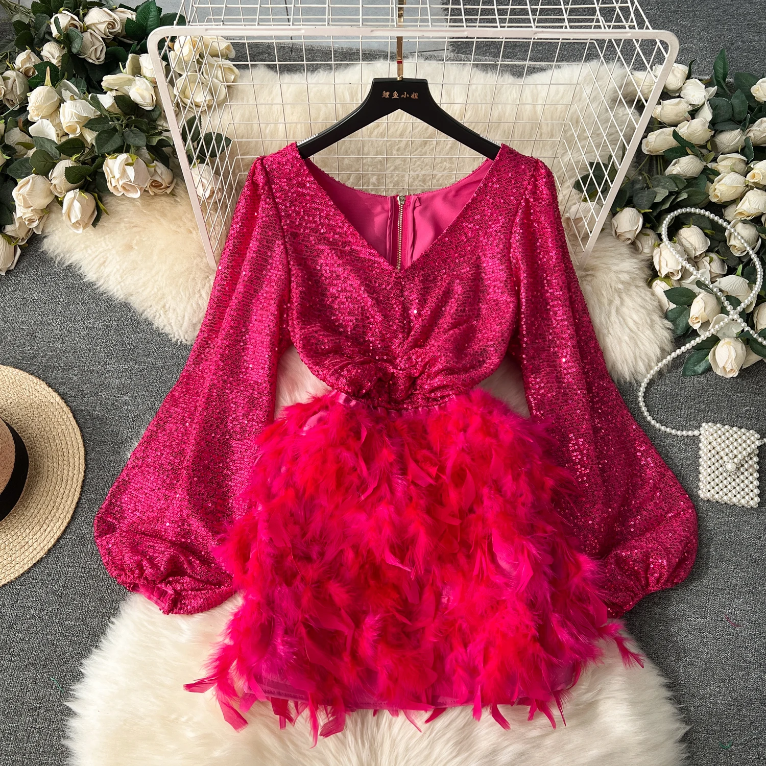 

ALPHALMODA 2024 New Celebrity Sequined Lantern Sleeves Feather Patchwork Short Mini Dress V-neck Ball Party Festival Dress