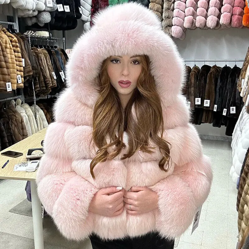 

Pink Fox Fur Coat Women Fashion Luxury Winter Thicken Outertwear Hooded Strip Sewed Long Sleeve Natural Real Fur Jacket Lady