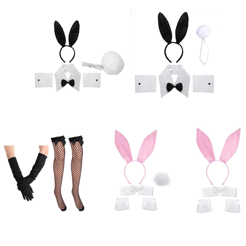 Women Animal Bunny Ears Haiband Collar Bowtie Cuffs Plush Rabbit Tail