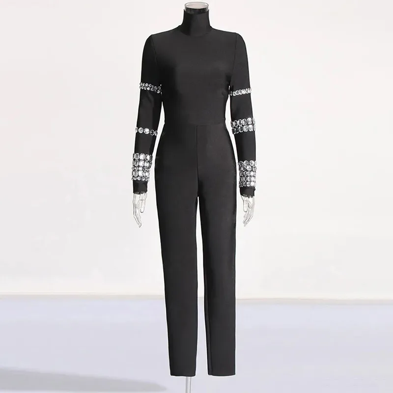 BPN Streetwear Patchwork Diamonds Jumpsuits For Women Stand Collar Long Sleeve High Waist Solid Slimming Jumpsuit Female Fashion