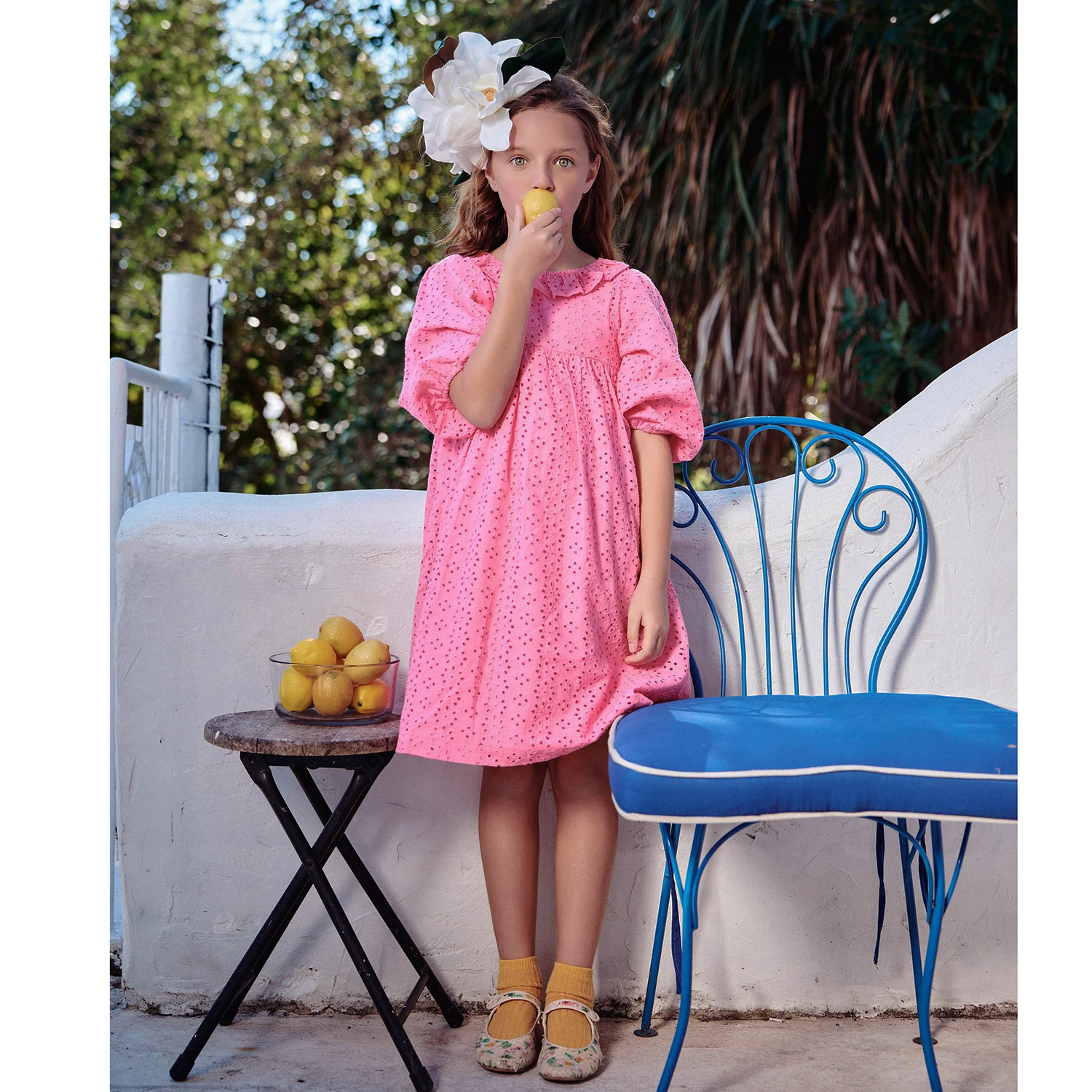AS Eyelet Collection Pink Color Apricot Color Girls Embroidery Dress Baby Romper Cotton Sisiter Clothing Ruffles Neck Muslin Set 4