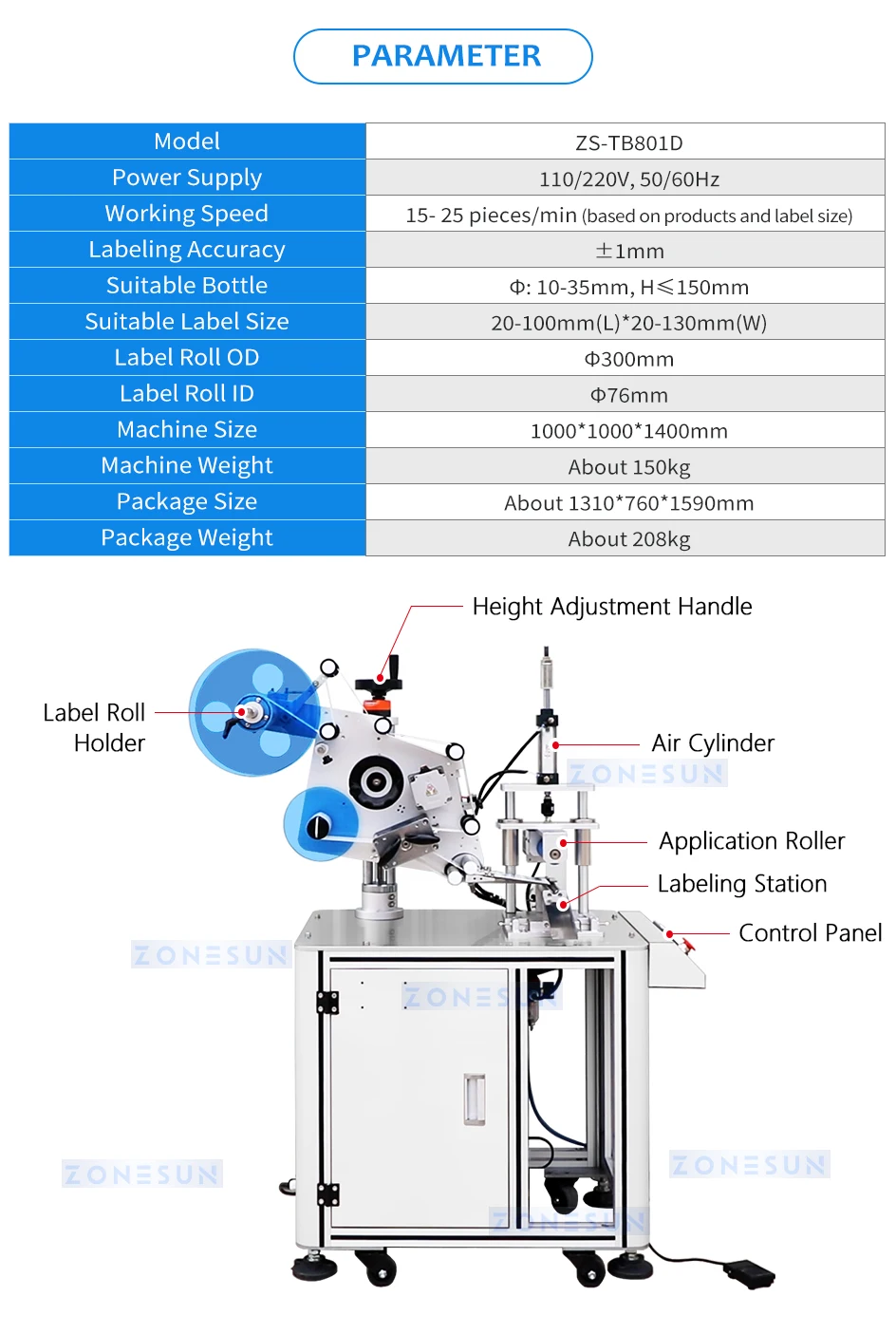 ZONESUN ZS-TB801D Semi Automatic Round Bottle Labeling Machine