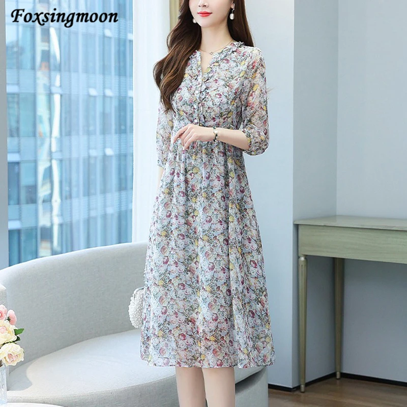 

Женское шифоновое платье с коротким рукавом, элегантное праздвечерние чное платье с V-образным вырезом и цветочным принтом, лето 2022