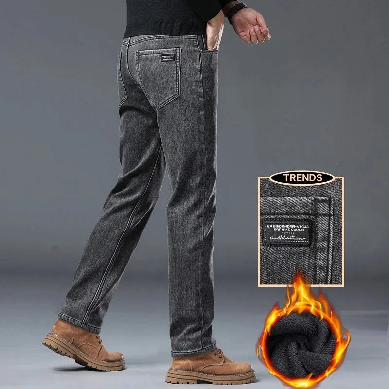 Winter Warm Jeans Men's Slim Straight Elastic Denim Pants Casual Male Clothing Fashion Plush Trousers New Hot Sale Fashion Jeans 4