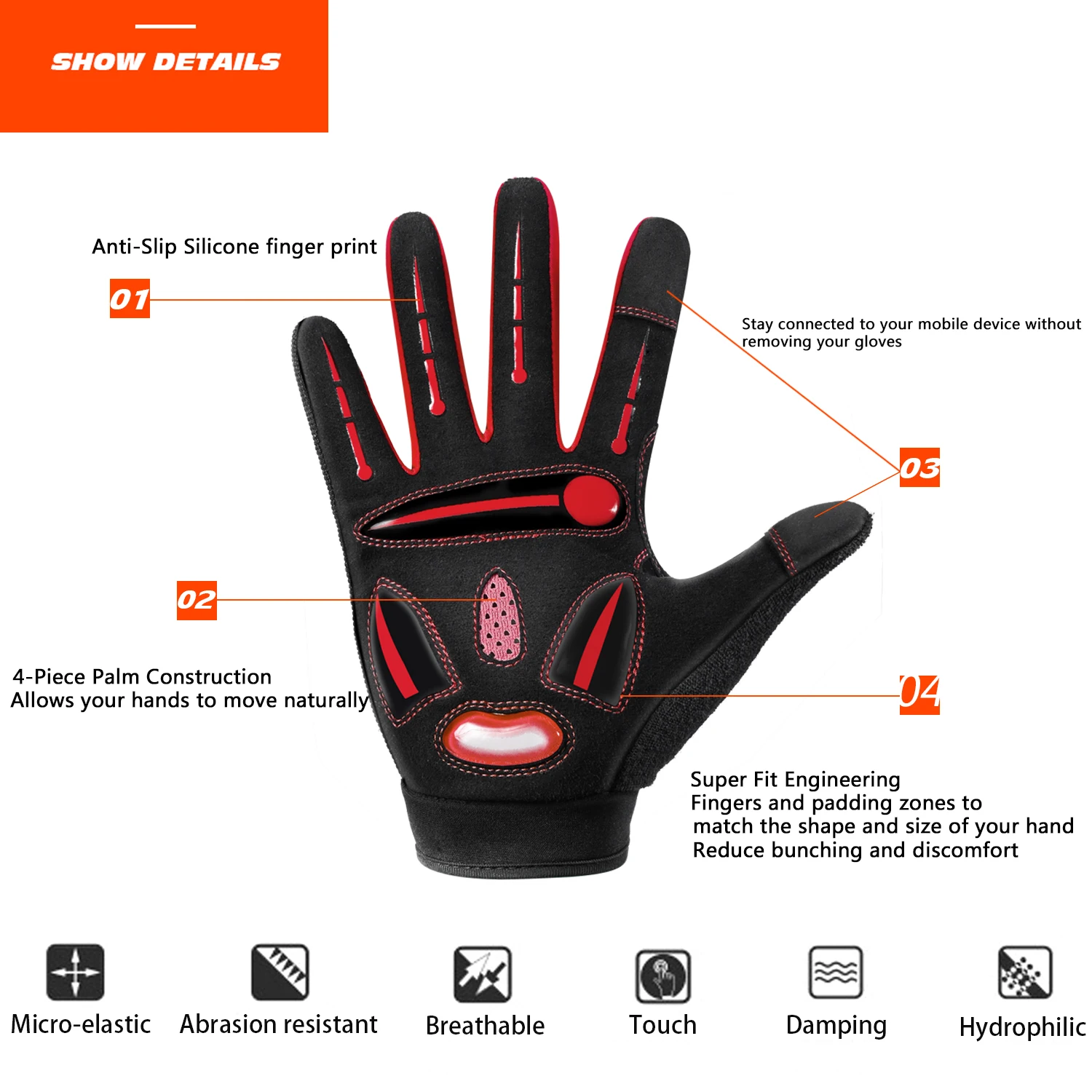 MOREOK Cycling Gloves Full Finger Bike Gloves 5MM Liquid Gel Pad Anti-Slip Shock-Absorbing Touchscreen Bicycle Gloves Men Women 3
