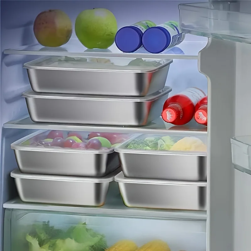 5 Stainless Steel Food Storage Containers Set Transparent Lids Stackable For Meat/Fruits/Veggies In Camping