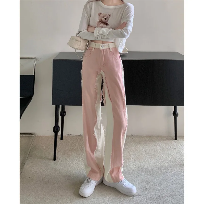 

Splicing Pink Women Jeans 2022 New Loose Wide Leg Brown High Waist Straight Pants Women's Casual Pants Denim Femme Trousers Y2K