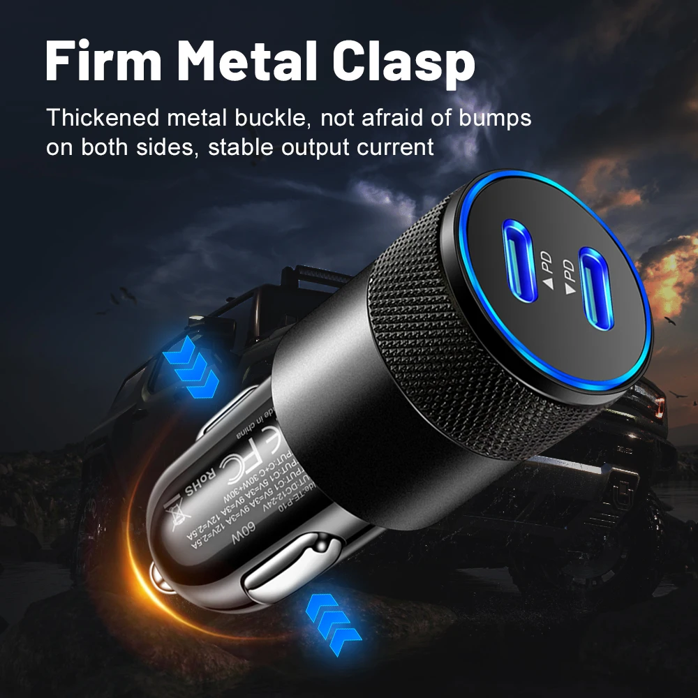 PD QC Pull Ring Fast Charging Car Charger USB C Car Phone Charger Adapter For iPhone Xiaomi Huawei Silver/Black Color Car Charge