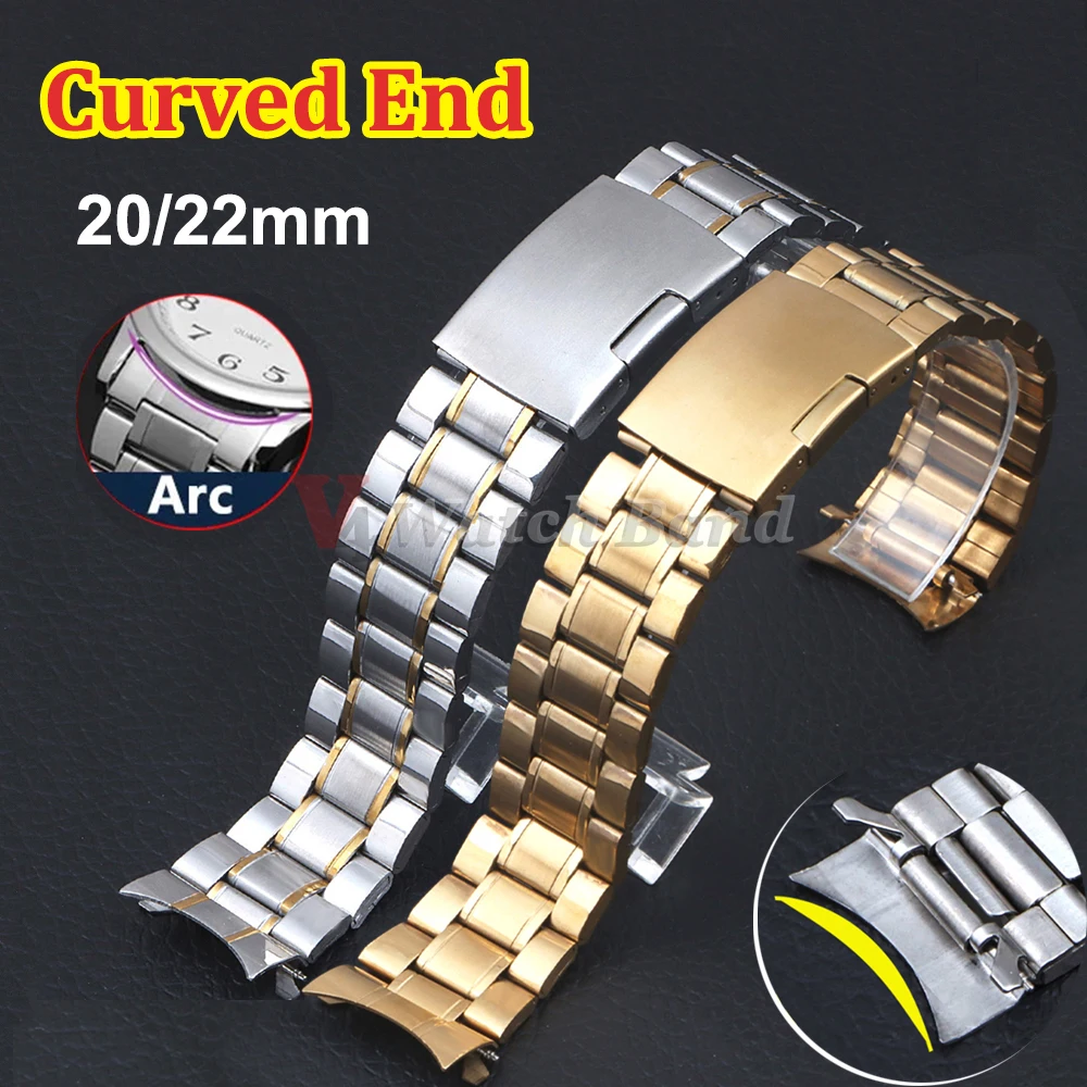 Premium Stainless Steel Curved End Watch Strap with Folding Buckle - Sleek Wristband Accessory
