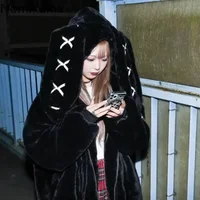 2025 Winter Clothing Women Jackets Harajuku Rabbit Ears Punk Black Coats Thicked Furry Zipper Oversized Y2k Tops Ropa Mujer 1