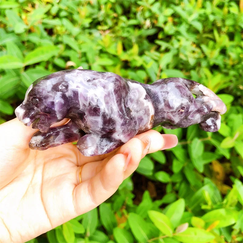 

Natural Dream Amethyst Cheetah Gemstone Room Decoration Healing Crystal Animal Figurine Reiki Carved Stones Gift 1PCS