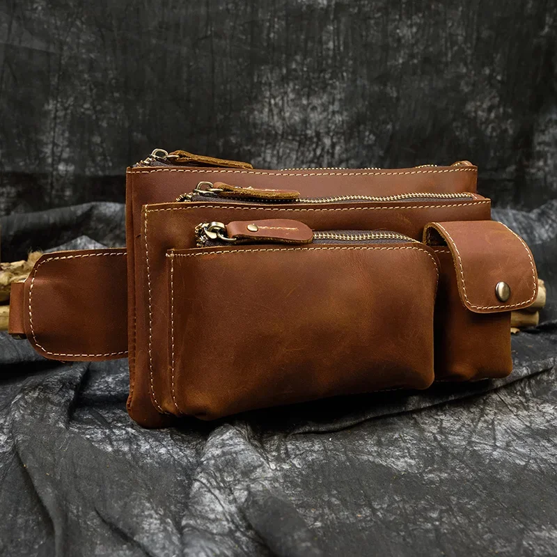 Leather Waist Bag Outdoor Men Fanny Pack with 3 Zipper