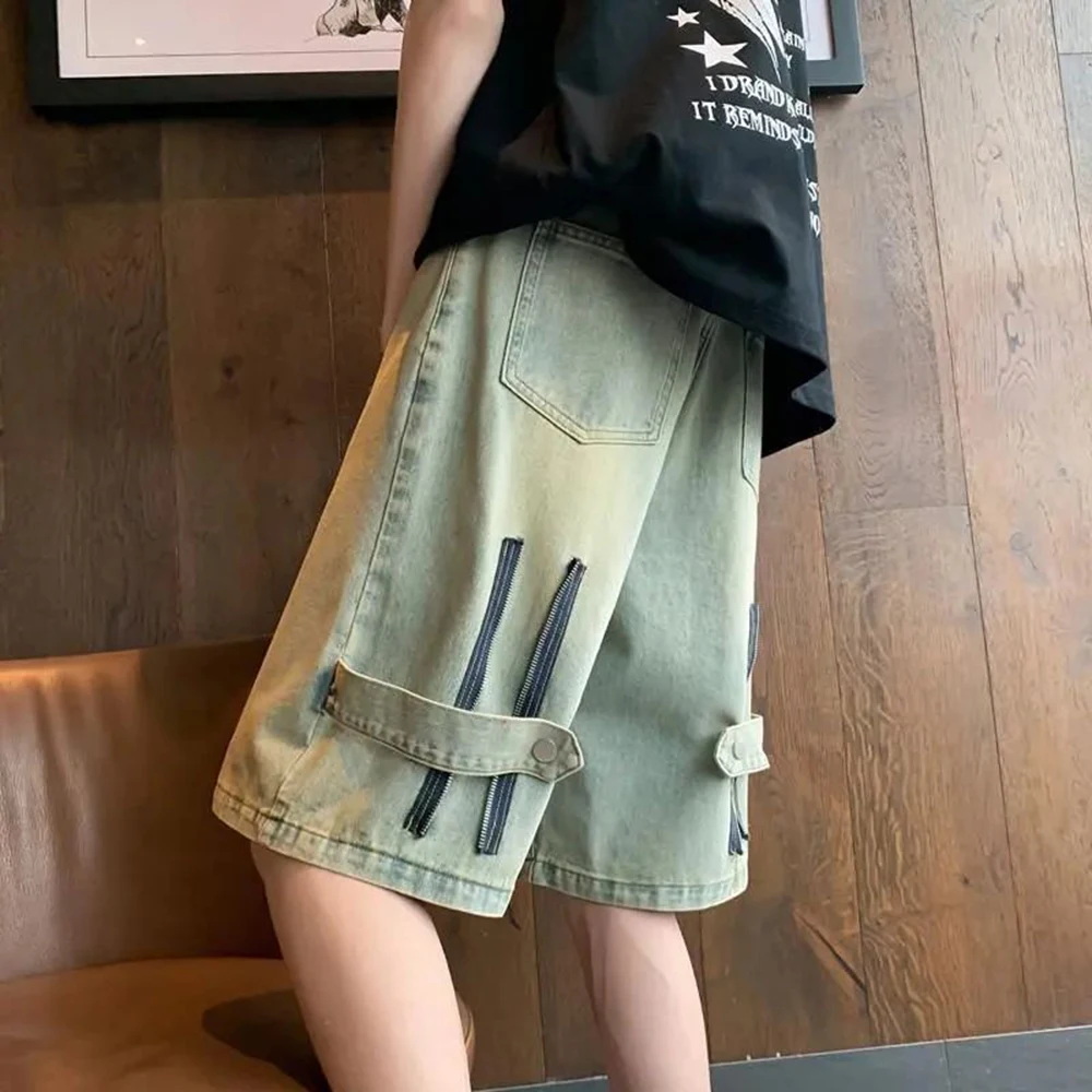 American Street Retro Zipper Five-point Pants Men's High Street Hip-hop Summer Thin Section Old Straight Y2K Washed Denim Shorts