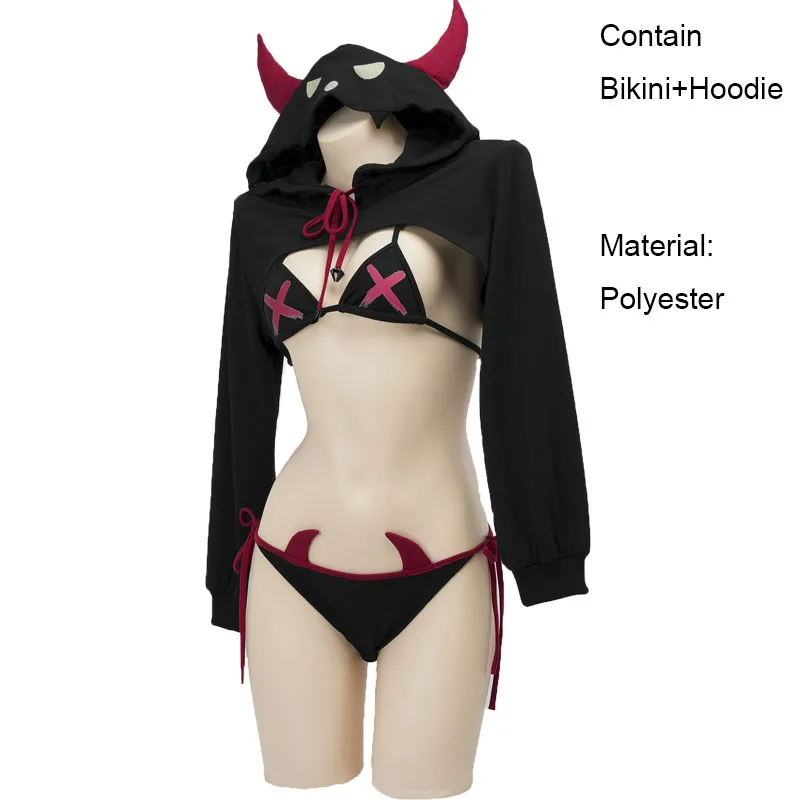 Devil Girls Bikini Set Punk Hoodie Crop Top Long Sleeve Halloween Cosplay Underwear Nightgown Role Play Student Outfits Lingerie