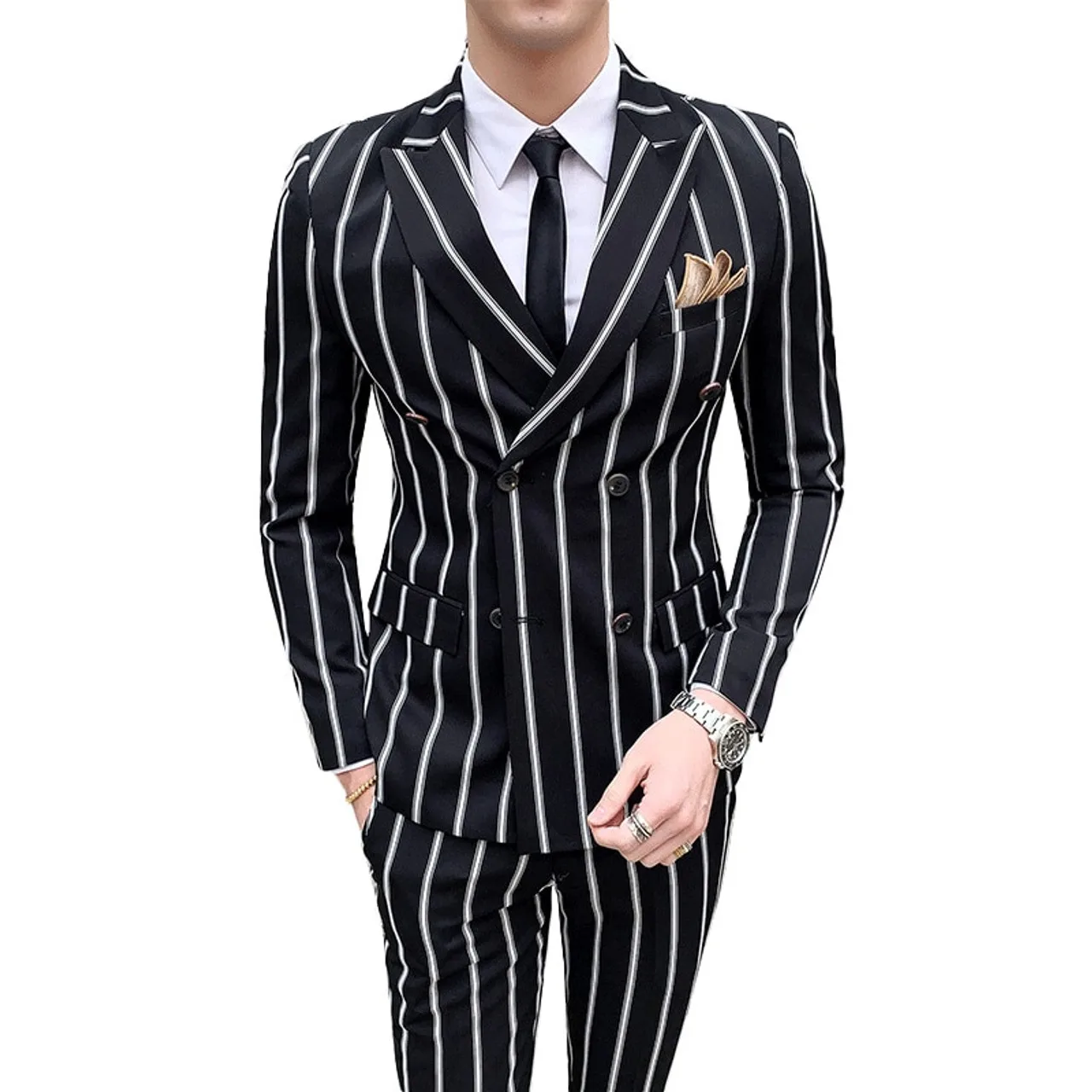 2 Piece Suit Slim Fit Mens Set Double-breasted Wedding Groomman Pinstripe Notched Lapel Mens suit