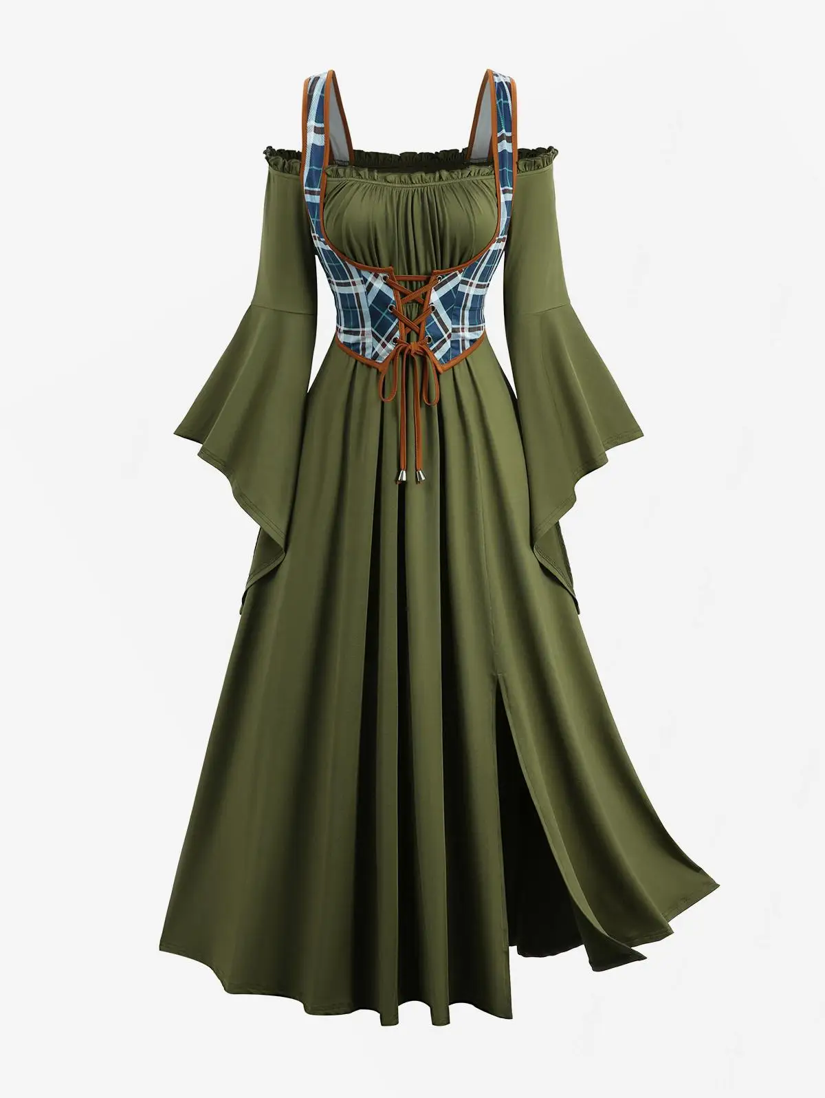 ROSEGAL Plus Size Plaid Print Maxi Dresses Deep Green Lace up Split Ruched Bust 2 in 1 Corset A-Line Autumn Casual Dress Vestido