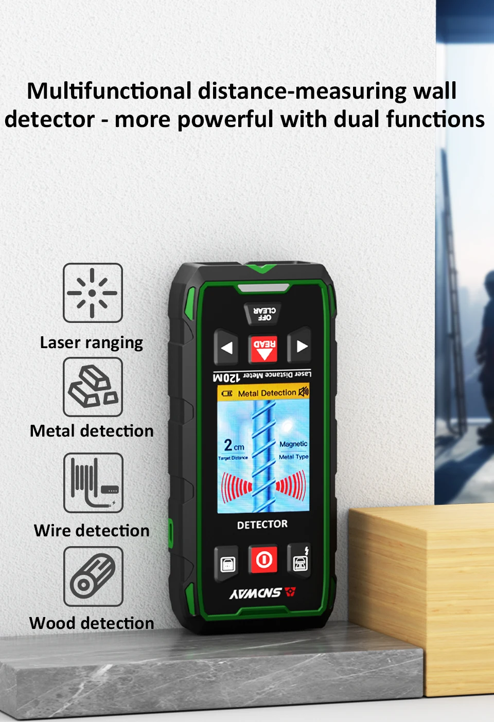 SW-6100GT 2-in-1 Laser Rangefinder Wall Scanner Metal Wood Stud Live Cable Detec