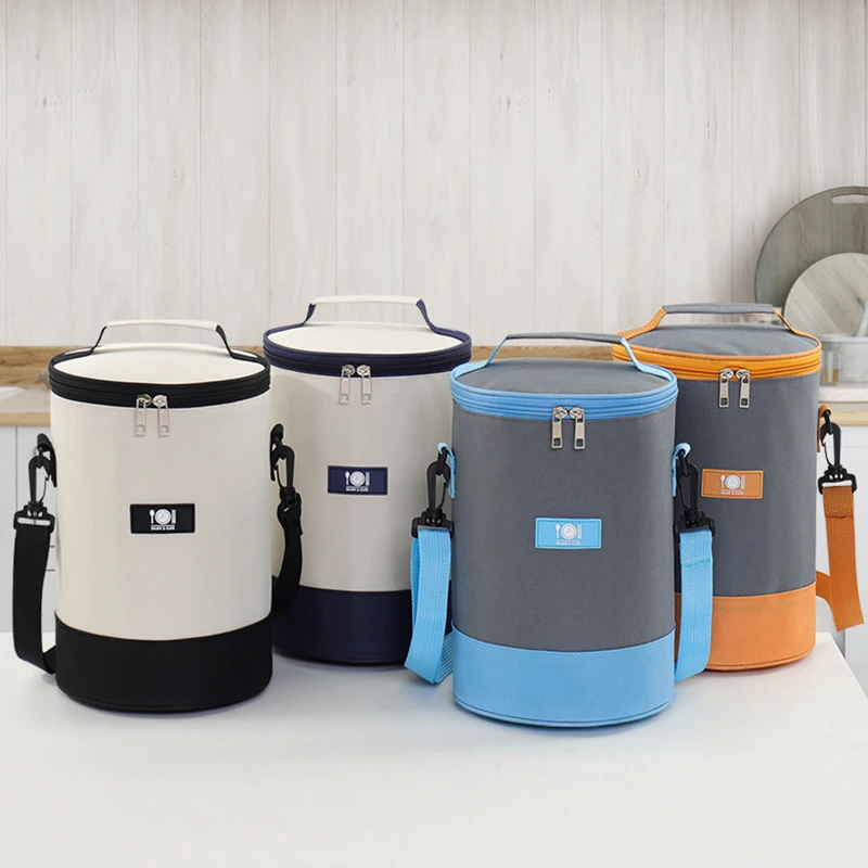 

Portable Round Barrel Thermal Lunch Bags Hand-held Bags Student Office Insulated Cooler Box Food Container with Shoulder Strap