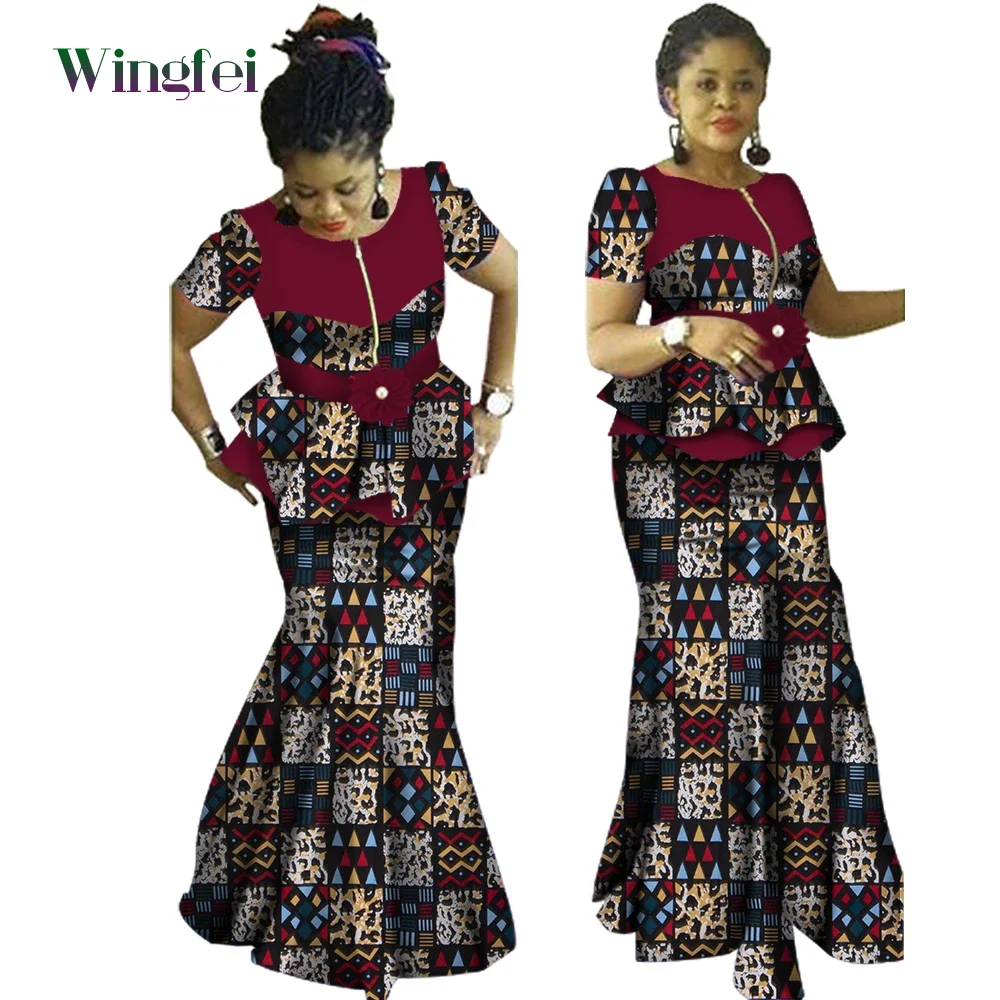 African Clothes for Women Dashiki Dress Lady Floral Print 2 Pieces Set Patchwork Short Sleeve Top Shirt and Pleated Skirt WY1234