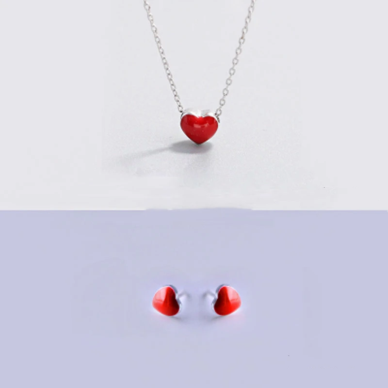 925 Sterling Silver Cute Red Heart Necklace Earrings Women Girls Fashion Lovely Enamel Heart Statement Fine Jewelry Set