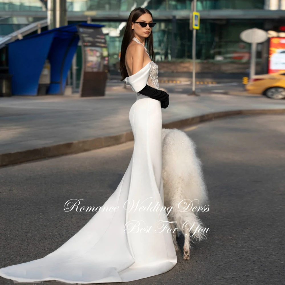 Sexy Pleat Beading High Side Slit Mermaid Wedding Dress V-Neck Pearls Off The Shoulder Backless Vestidos De Novia Customized