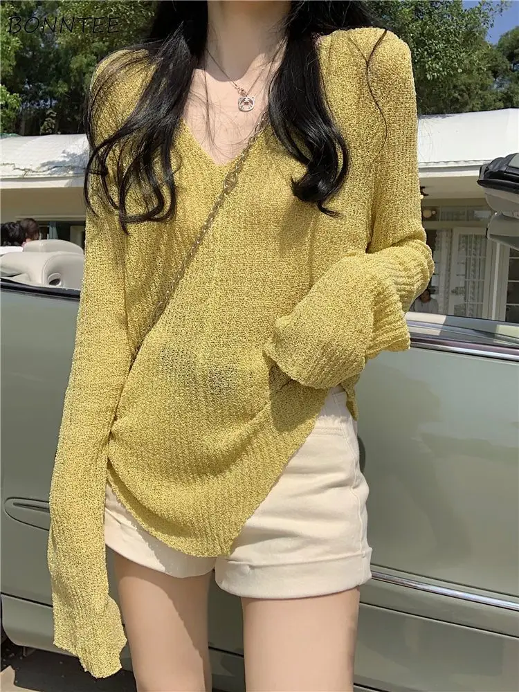 

V-neck Sun-proof Pullovers Women Irregular Thin Casual Fashion Chic All-match Breathable Loose Pure College Korean Style Knitted