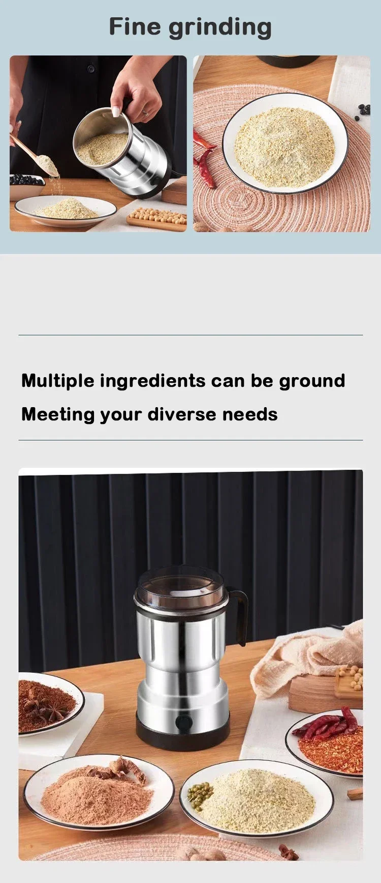 Description Picture 3 of item220V Multifunction Coffee Grinder Stainless Steel Blade Electric Herbs Beans Mill Spices Nuts Grains Cafe Bean Grinding Machine