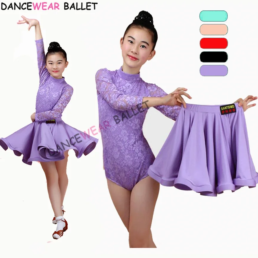 

New Girls Latin Dance Skirt Ballroom Salsa Tango Skirts Kid Child Lace Latin Dance Split Dress With Leotard And Skirt