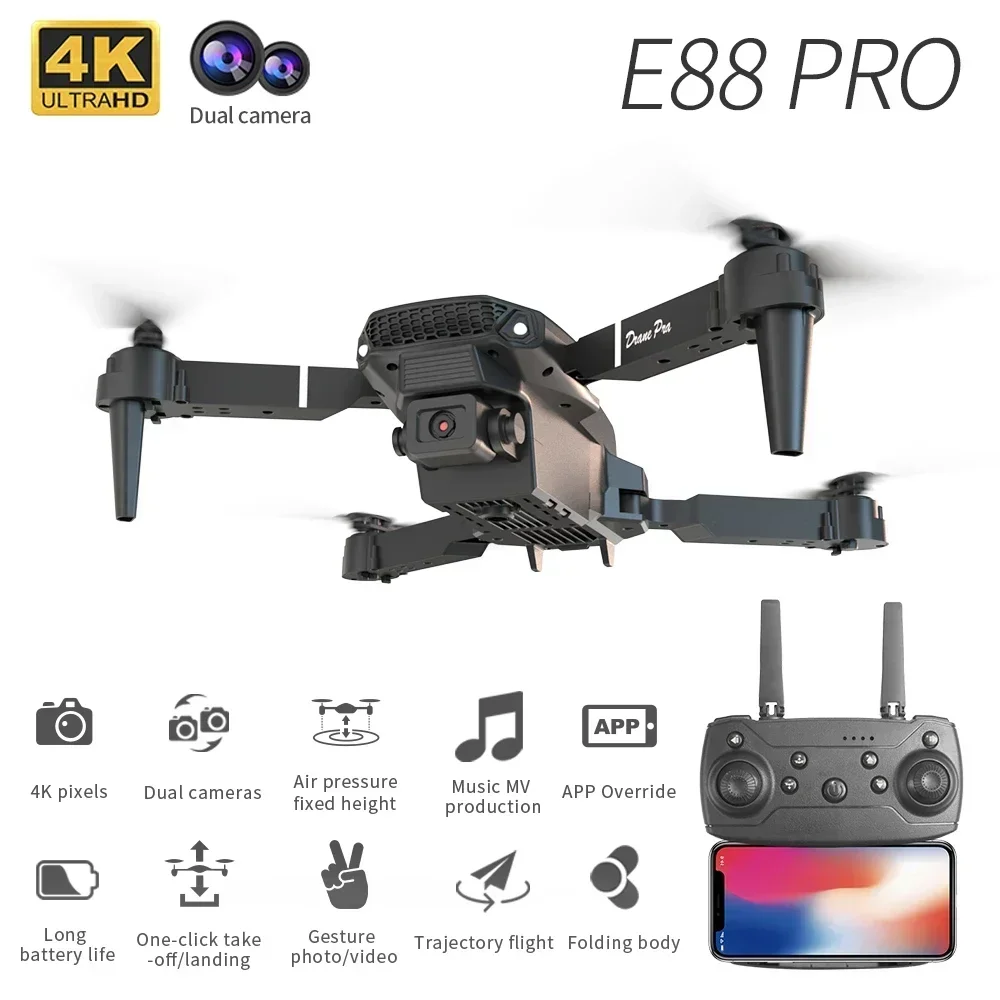 4K Professinal With 1080P Wide Angle Dual HD Camera Foldable RC Helicopter WIFI FPV E88Pro RC Drone Height Hold Apron Sell drone quadcopter