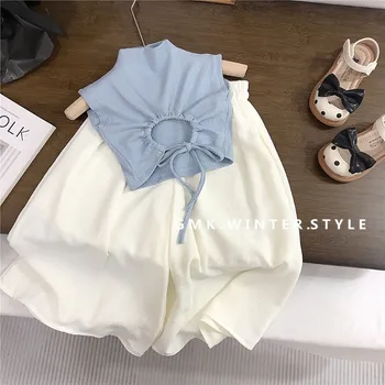 Set di abbigliamento per bambini 2-7 anni T-shirt senza maniche senza schienale e pantaloni bianchi a gamba larga Completo estivo Set di abbigliamento per neonati per bambini
