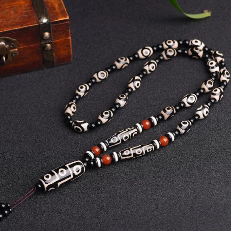 

Ожерелье из натуральных тибетских старых бусин, ожерелье с подвеской три глаза девять глаз для мужчин и женщин, жёсткий камень халцедона из халцедона и агата