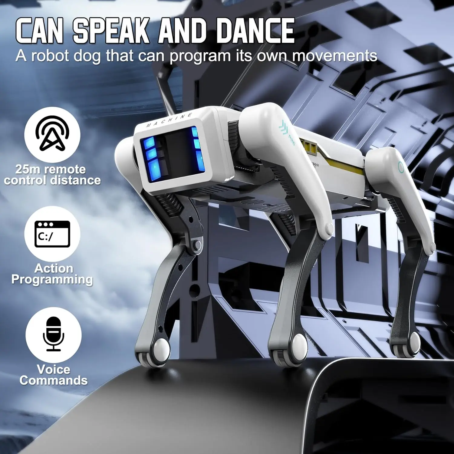 Enfant souriant jouant avec le robot chien télécommandé, jouet interactif éducatif pour enfant