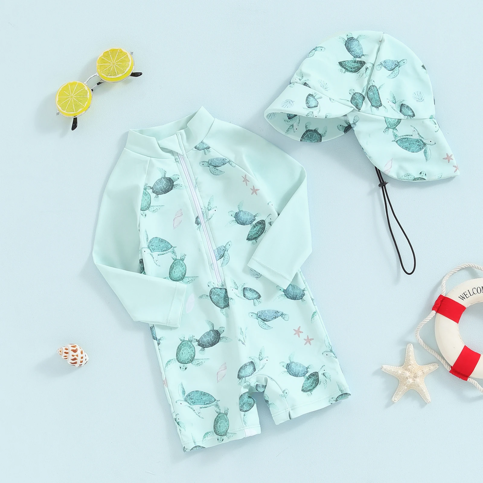 Baby Boy Swimwear Cute Summer Kid Bikini Set Whale Print Long Sleeve Rash Guard Swimsuit Sun Hat Toddler Bathing Suit