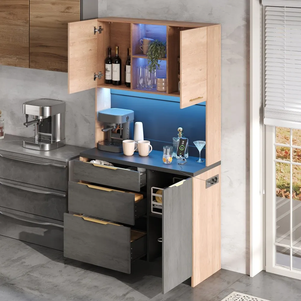 Stilvoller Küchenschrank, Schwarze Arbeitsplatte, Sideboard mit Verstellbarer LED-Beleuchtung und Steckdose, für Küchen, Esszimmer, Wohnzimmer – Detail 5
